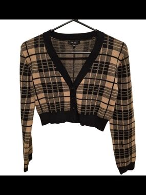 Love Tree Cropped Plaid V-Neck Cardigan - Black & Tan